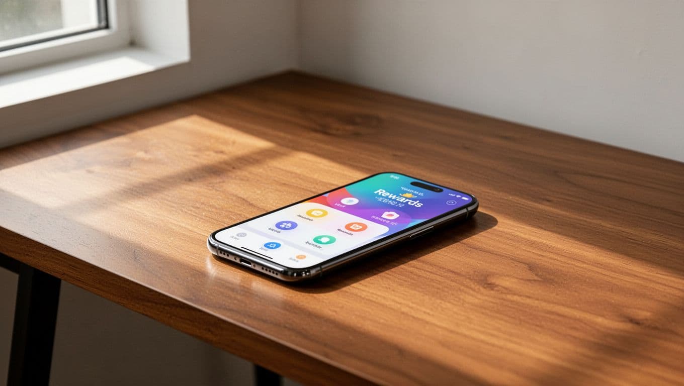 Smartphone showing a loyalty rewards app on a wooden desk in a modern interior.