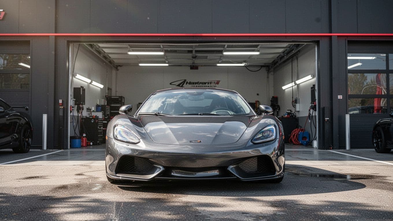 Sleek sports car outside a detailing garage with a red CAR CARE banner.