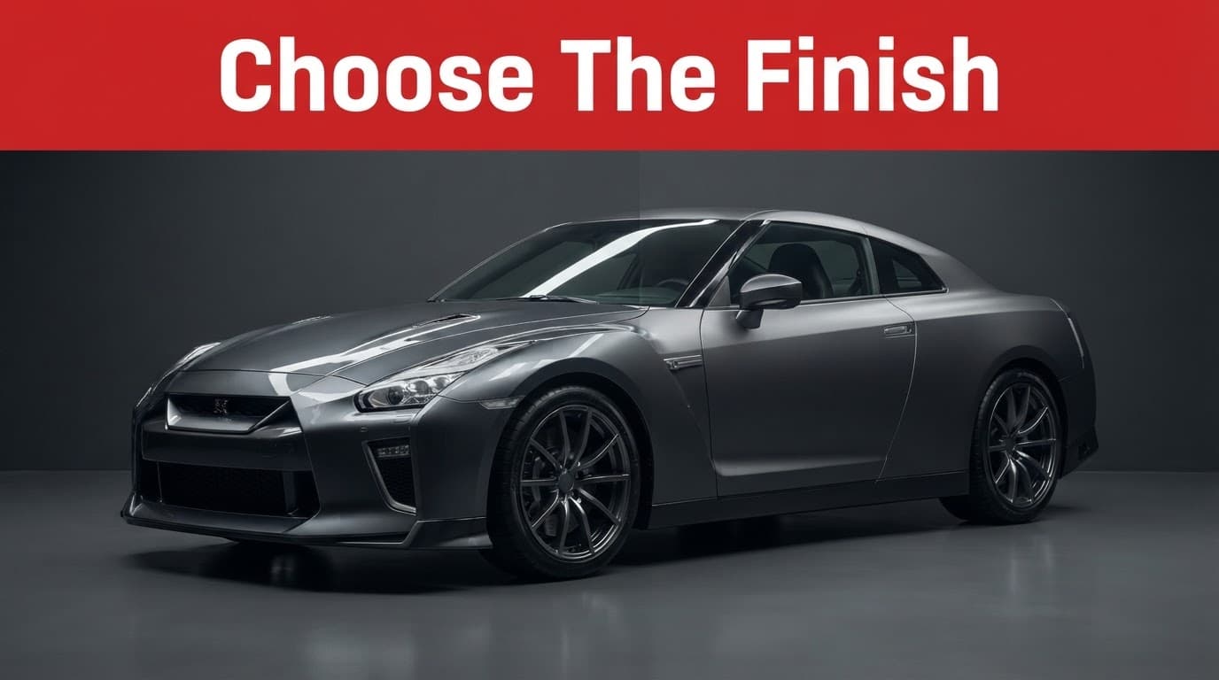 One sports car shows a glossy protected front and darker wrapped rear.