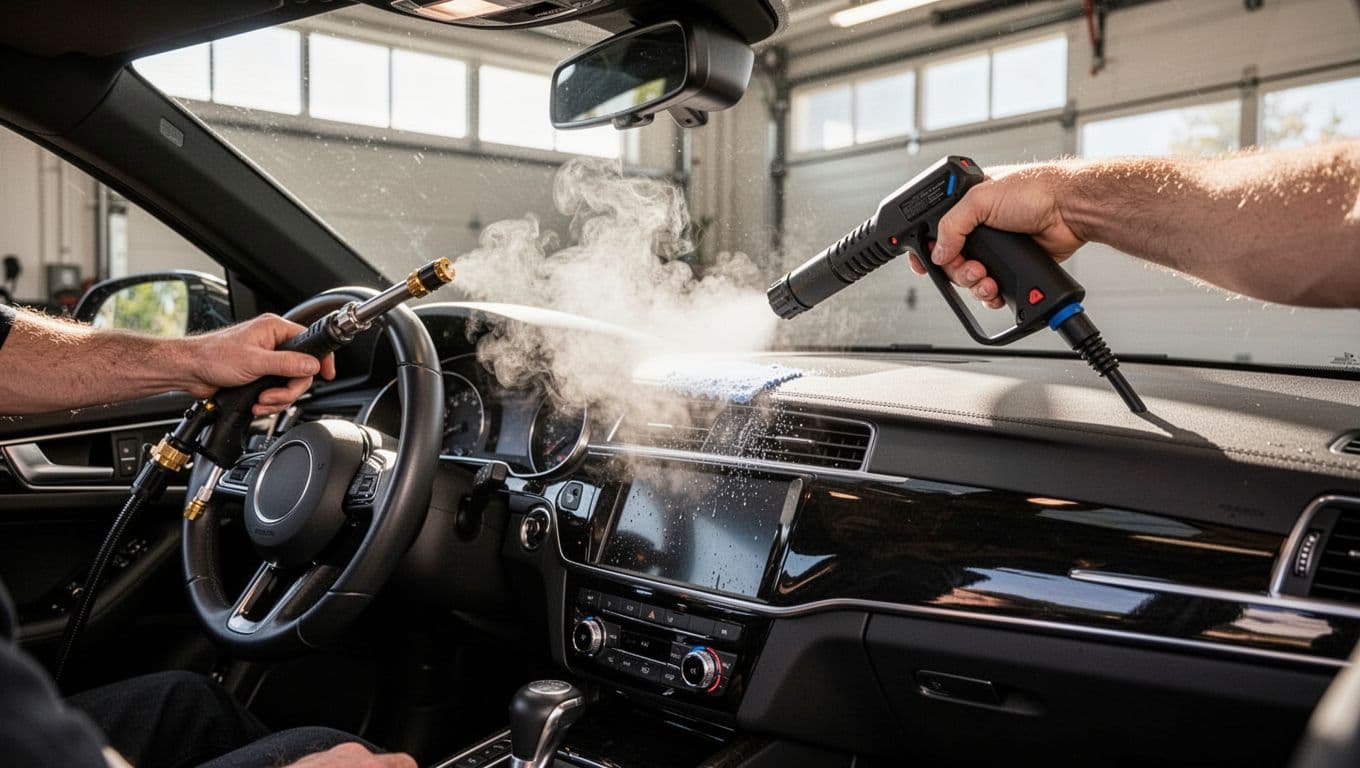 A detailer steam-cleans a car dashboard and steering wheel in a bright garage.