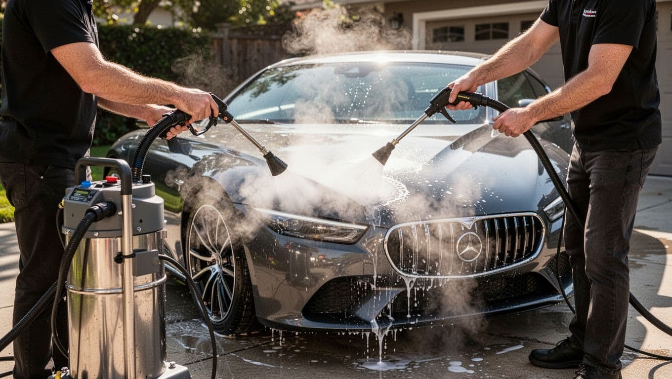 A detailer steam cleans the glossy paint of a luxury car outdoors.