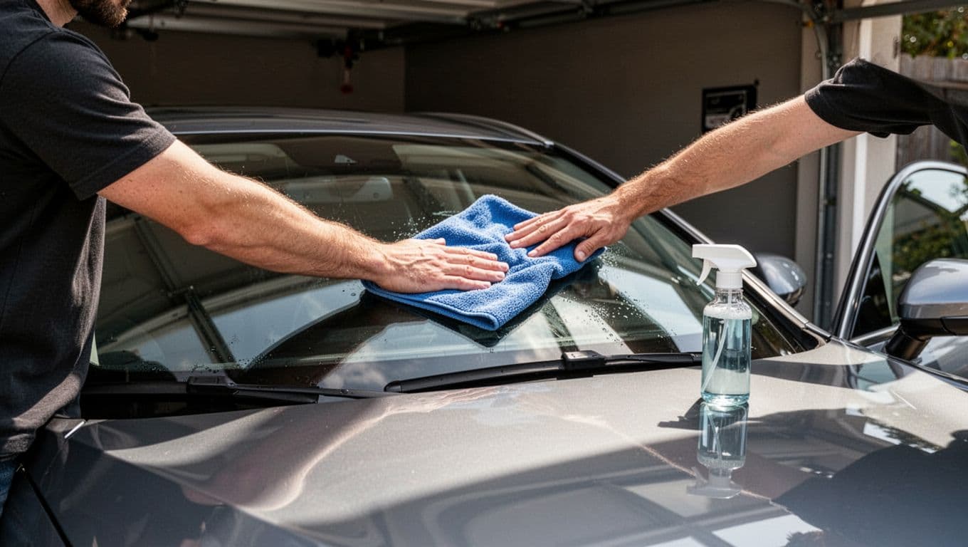 Person cleaning a car windshield with a microfiber towel beside glass cleaner.