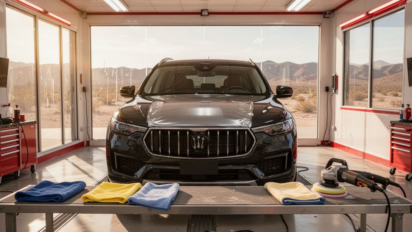 Dark SUV with a partially polished hood in a bright detailing bay.