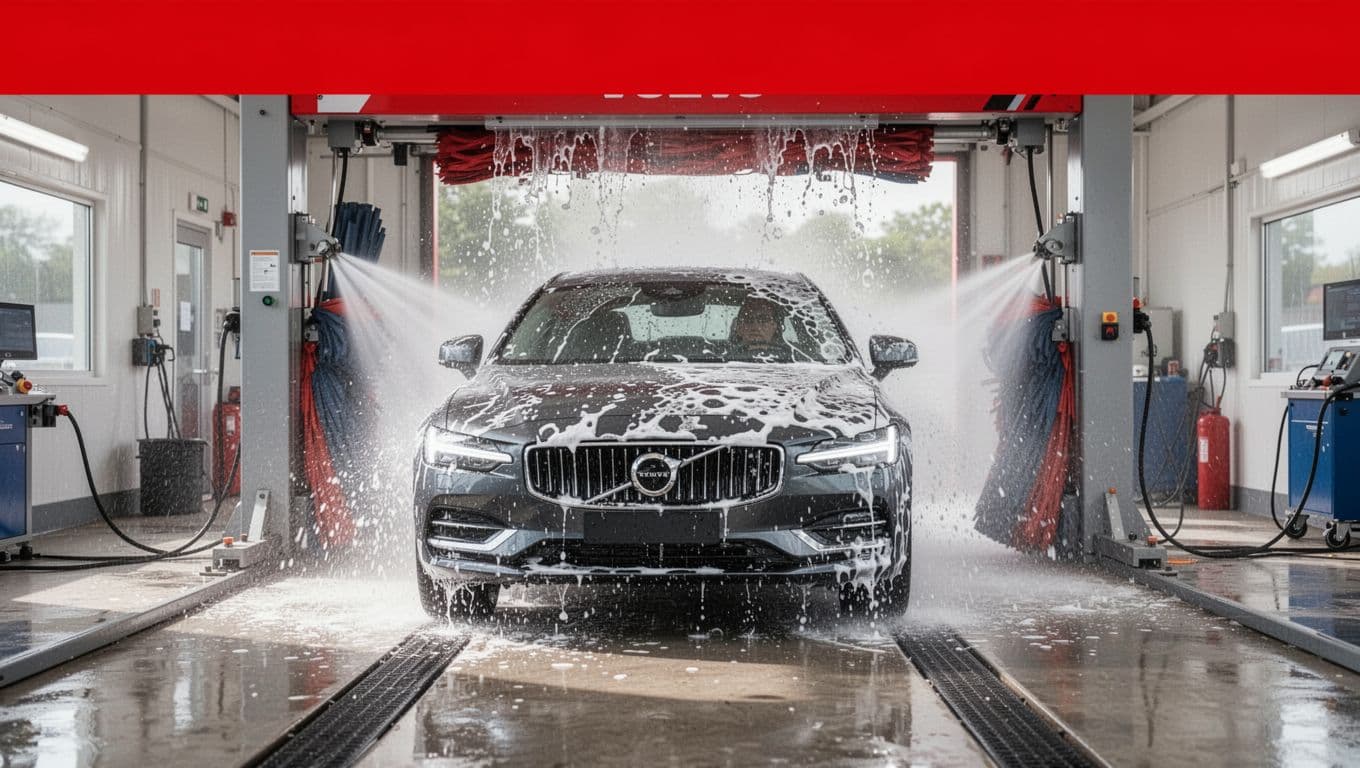 Modern sedan moving through a touchless wash with water jets and foam.