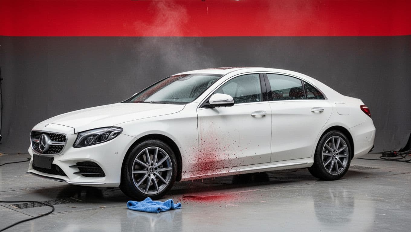 White sedan with iron specks on the lower door and a microfiber towel nearby.