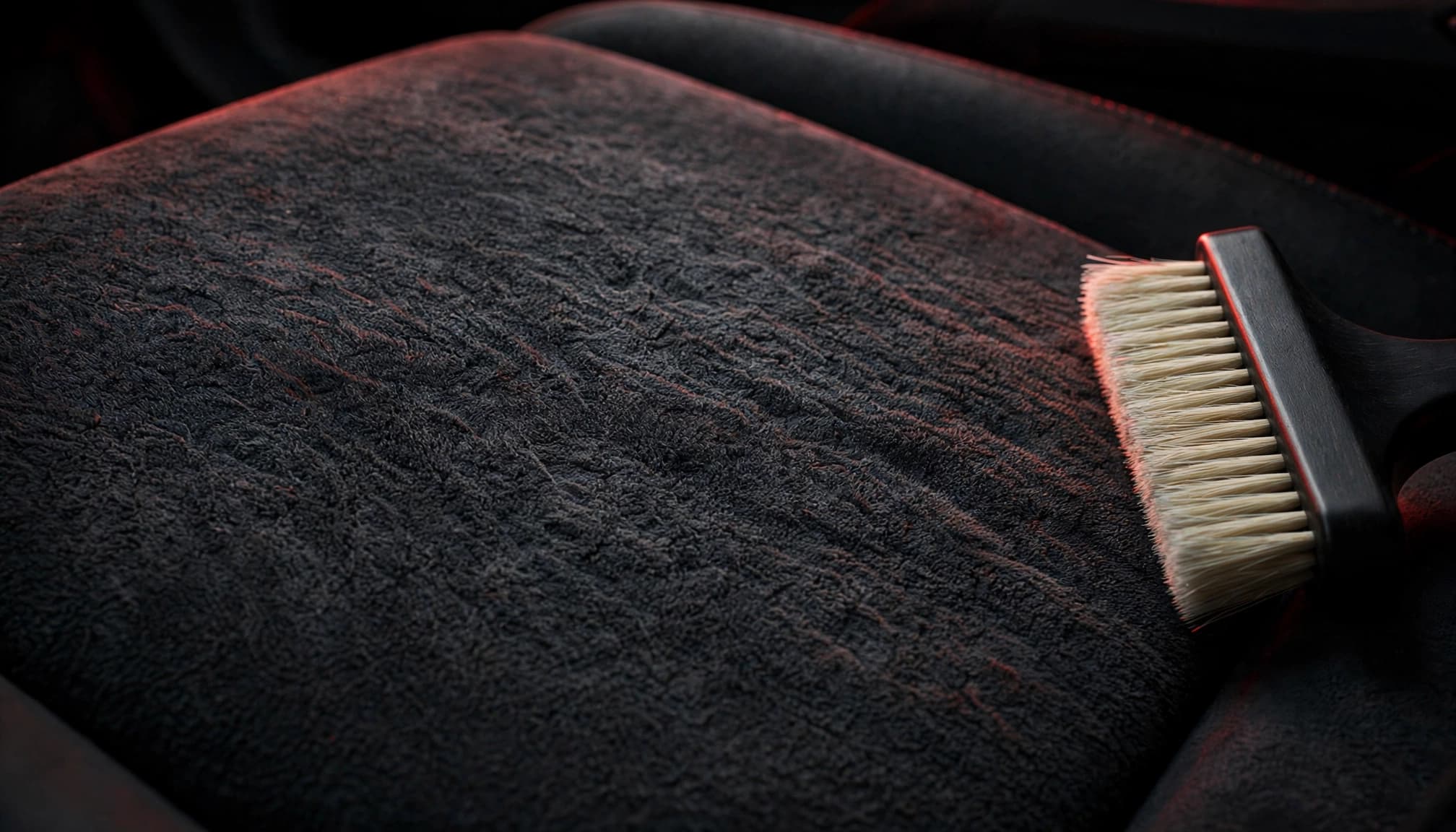 A charcoal Alcantara car seat cushion with a brush resting beside it.