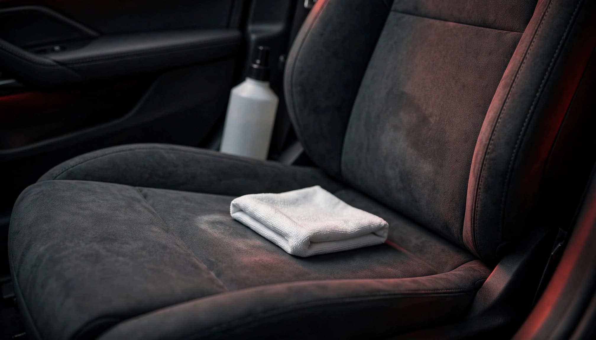 A white cloth touches a small spot on a charcoal car seat, with a spray bottle nearby.