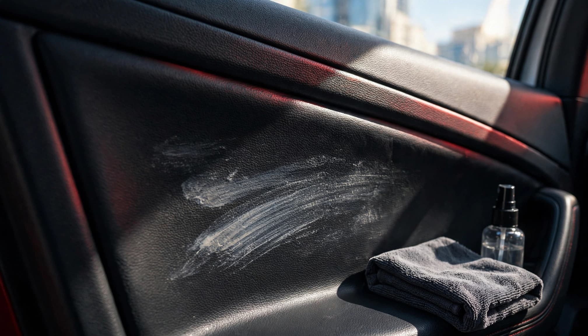 A marked car door panel beside a folded cloth and small spray bottle.