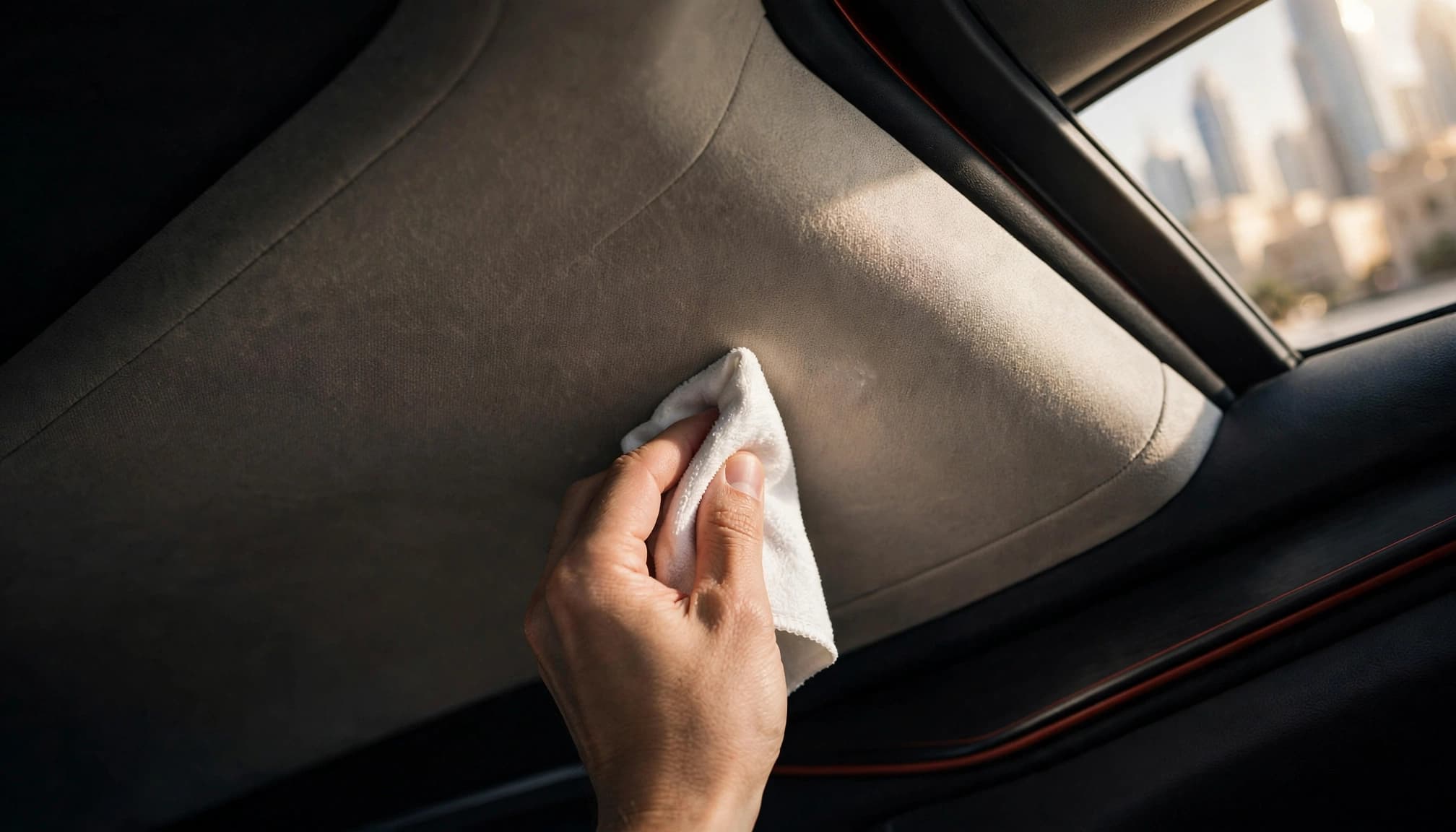 A hand gently blots a small spot on a car's fabric ceiling with a white cloth.