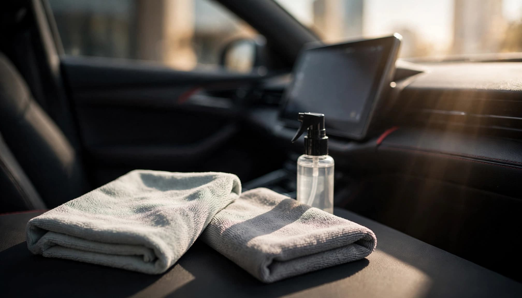 Two microfiber cloths and a cleaner bottle sit in front of a car touchscreen.