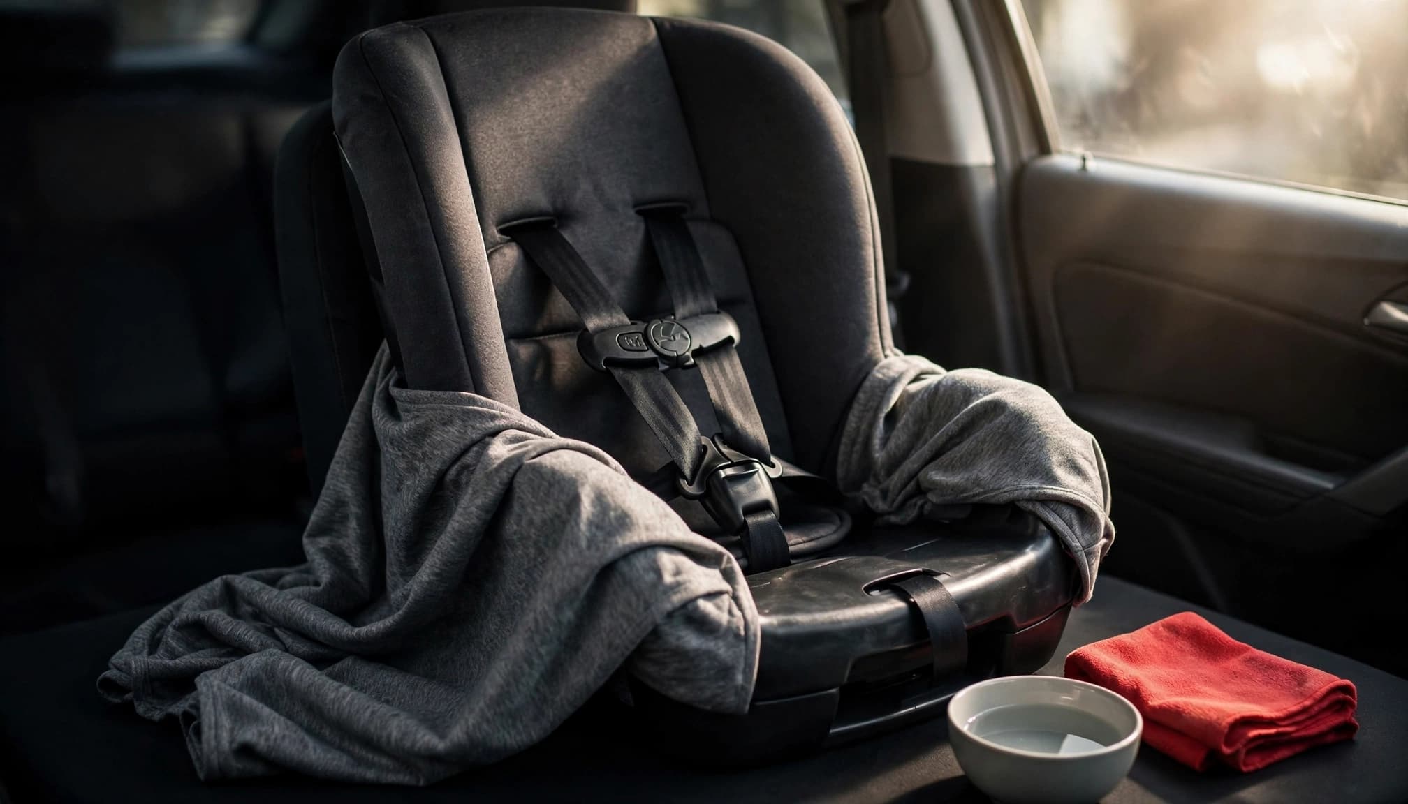 A car seat with its cover partly removed and cleaning supplies nearby.