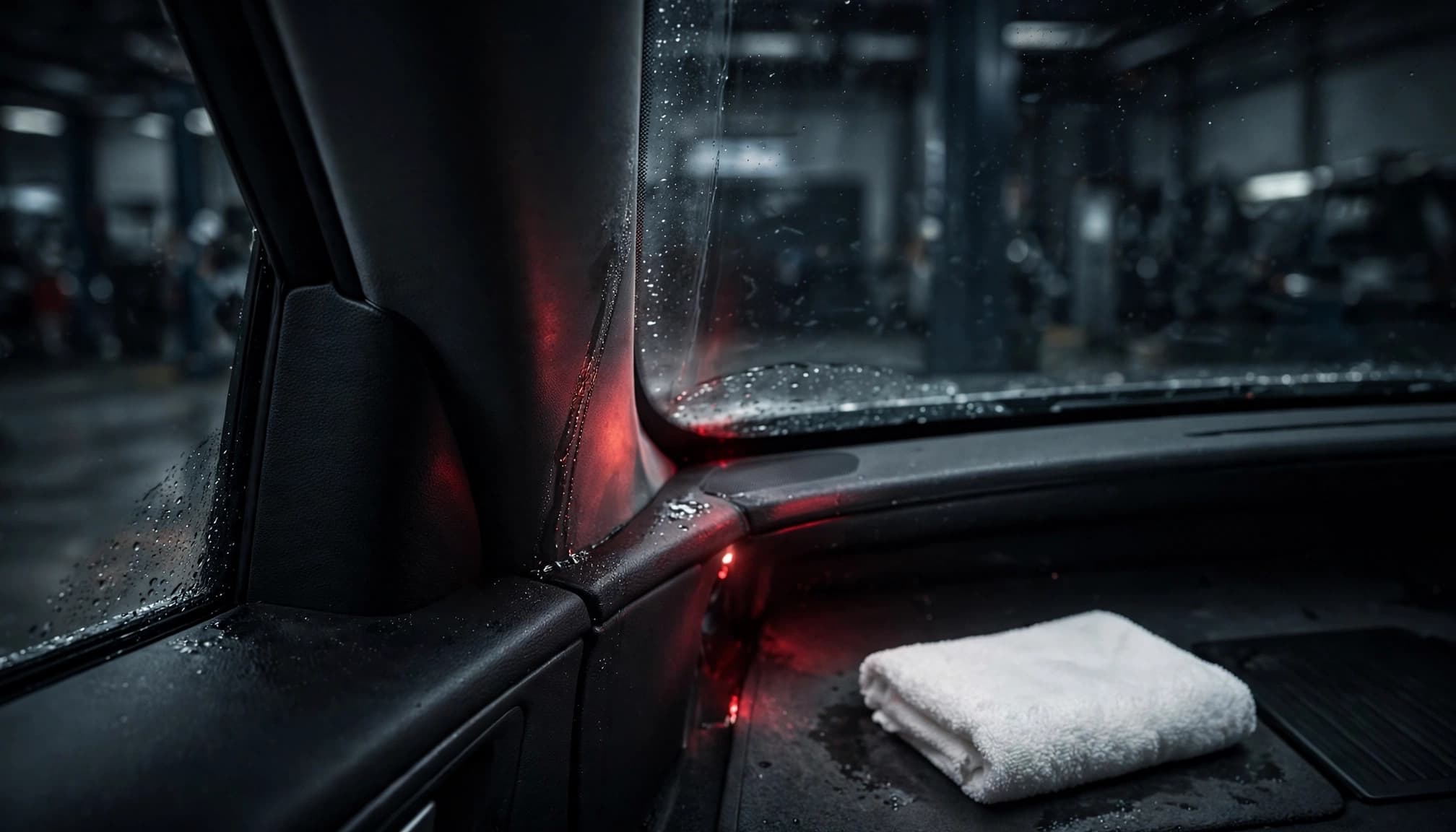 A damp windshield corner above a white towel on the car floor.