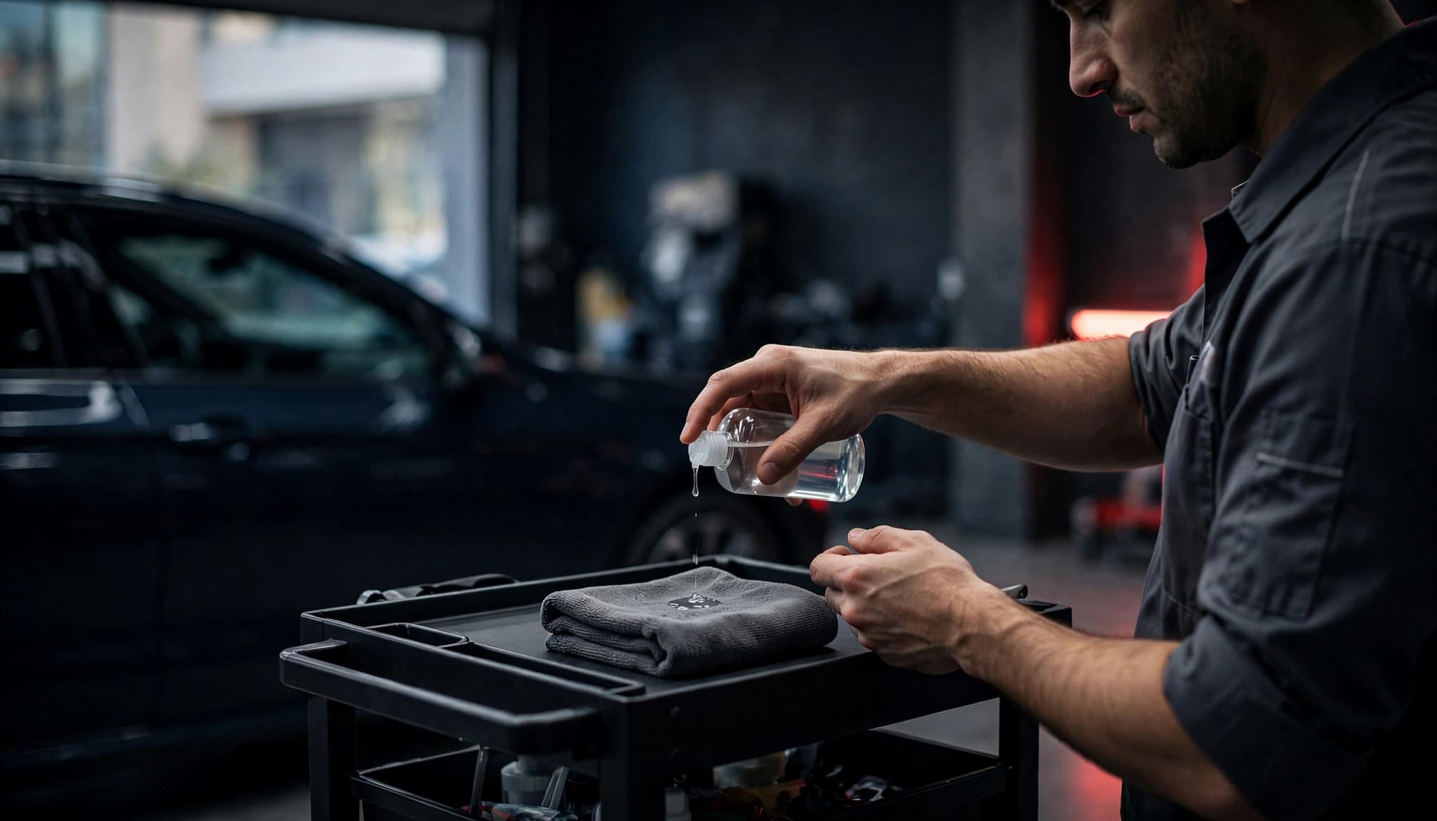 A technician applies tar remover to a cloth beside a car panel.