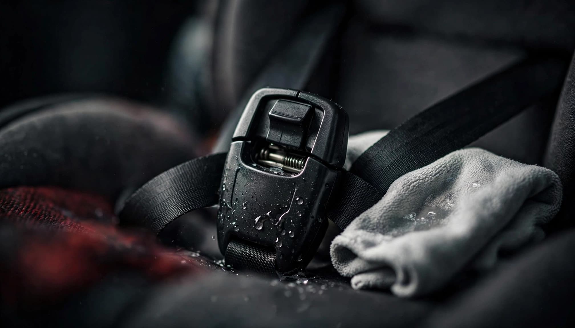 A car seat buckle beside a soft cloth, with dry straps visible.