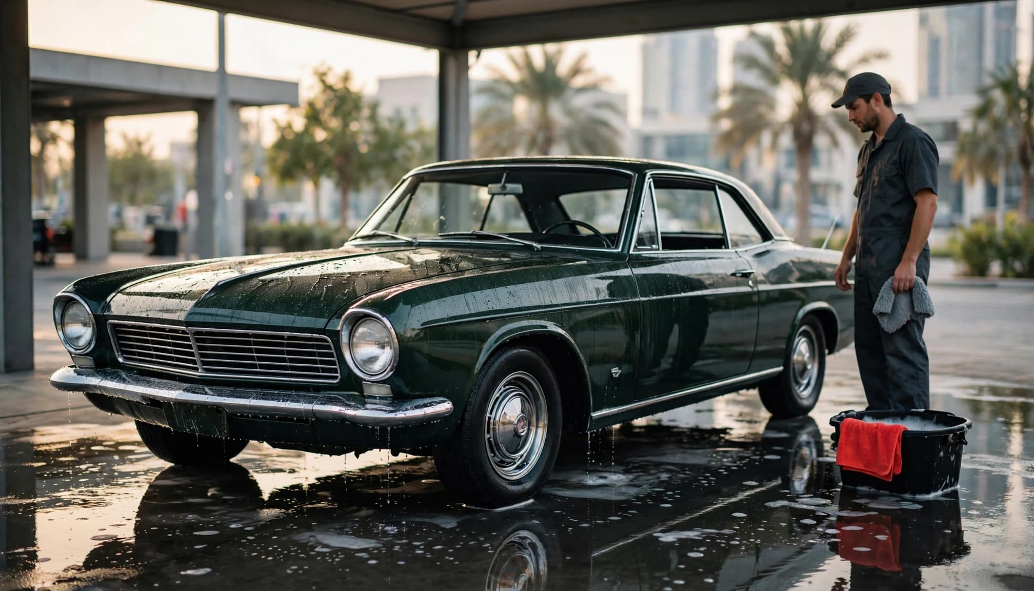 A technician gently washing a classic coupe beside a bucket in a shaded bay.