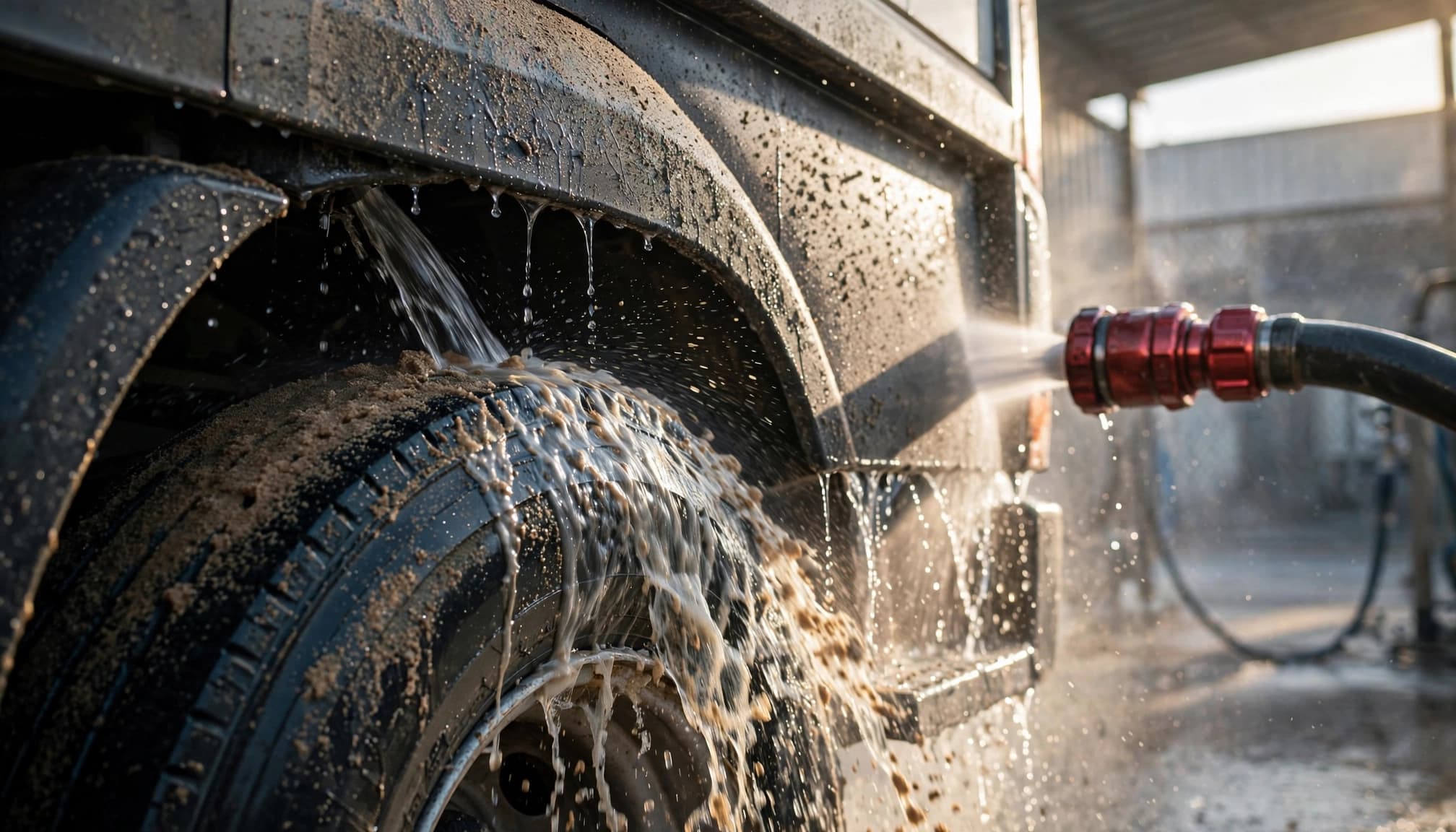 Water rinses sand from a commercial vehicle's tire and lower body.