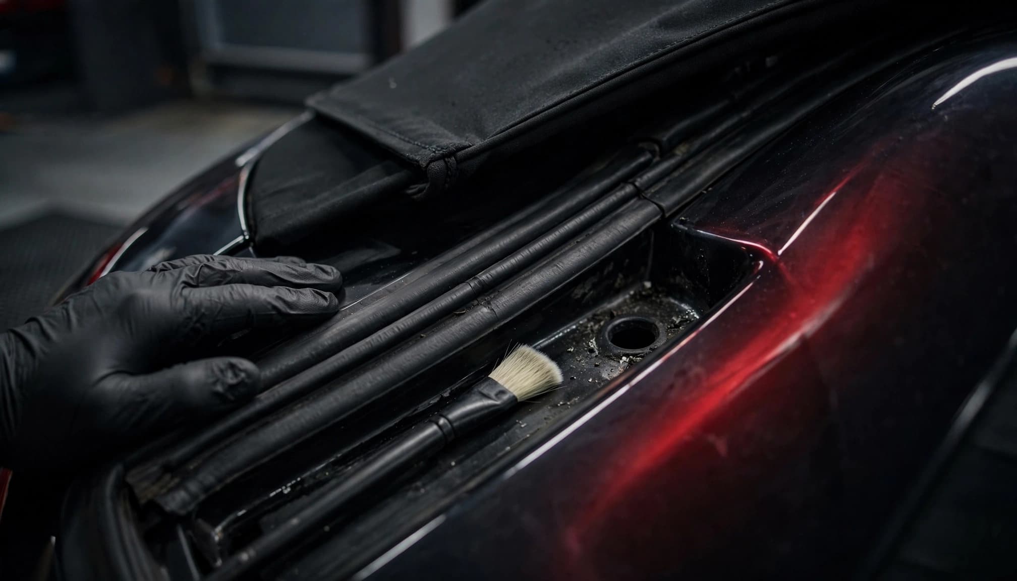 A gloved hand and detailing brush beside a convertible roof seal and drain.