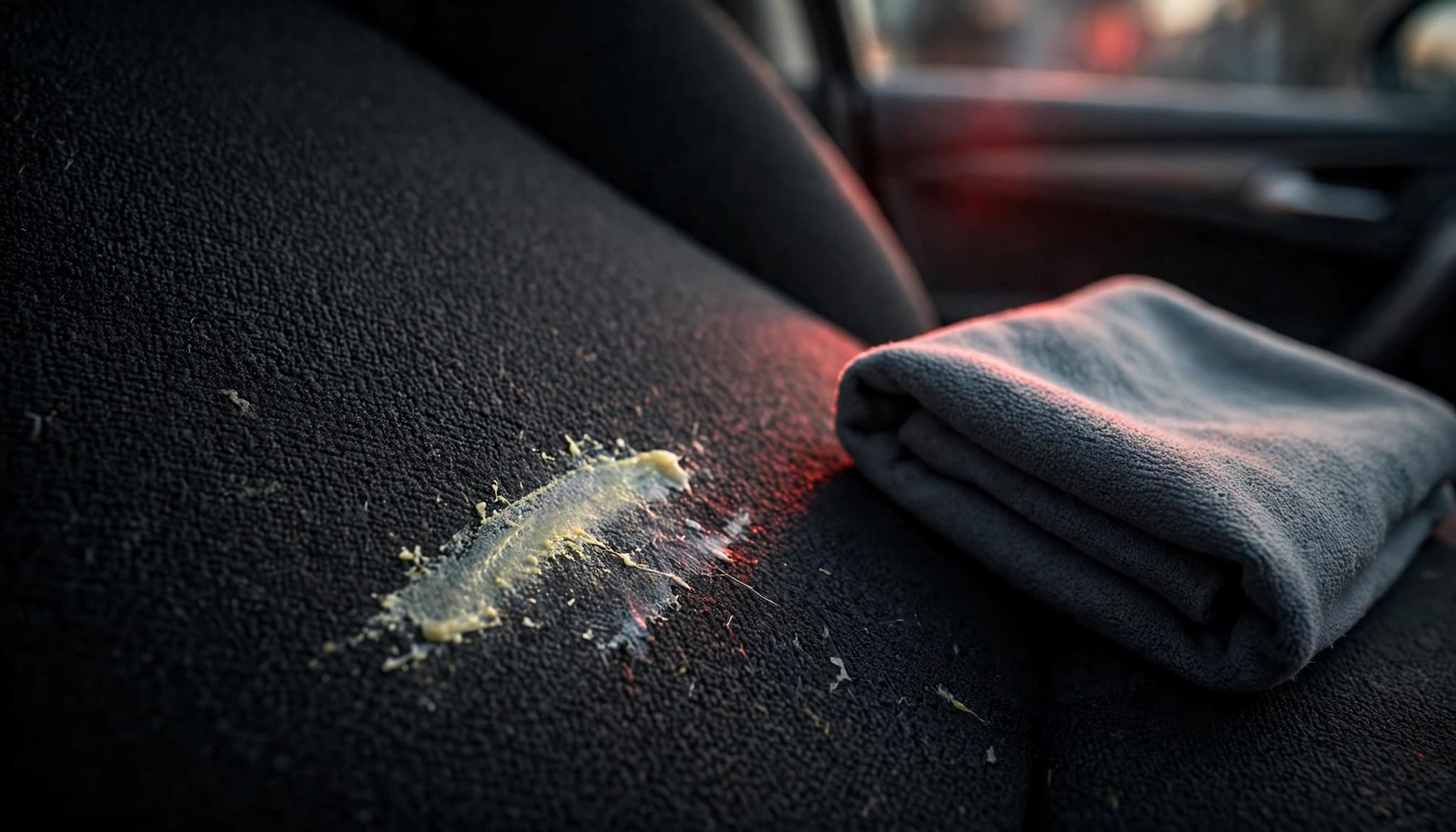 A pale crayon smear and folded cloth on a charcoal car seat.