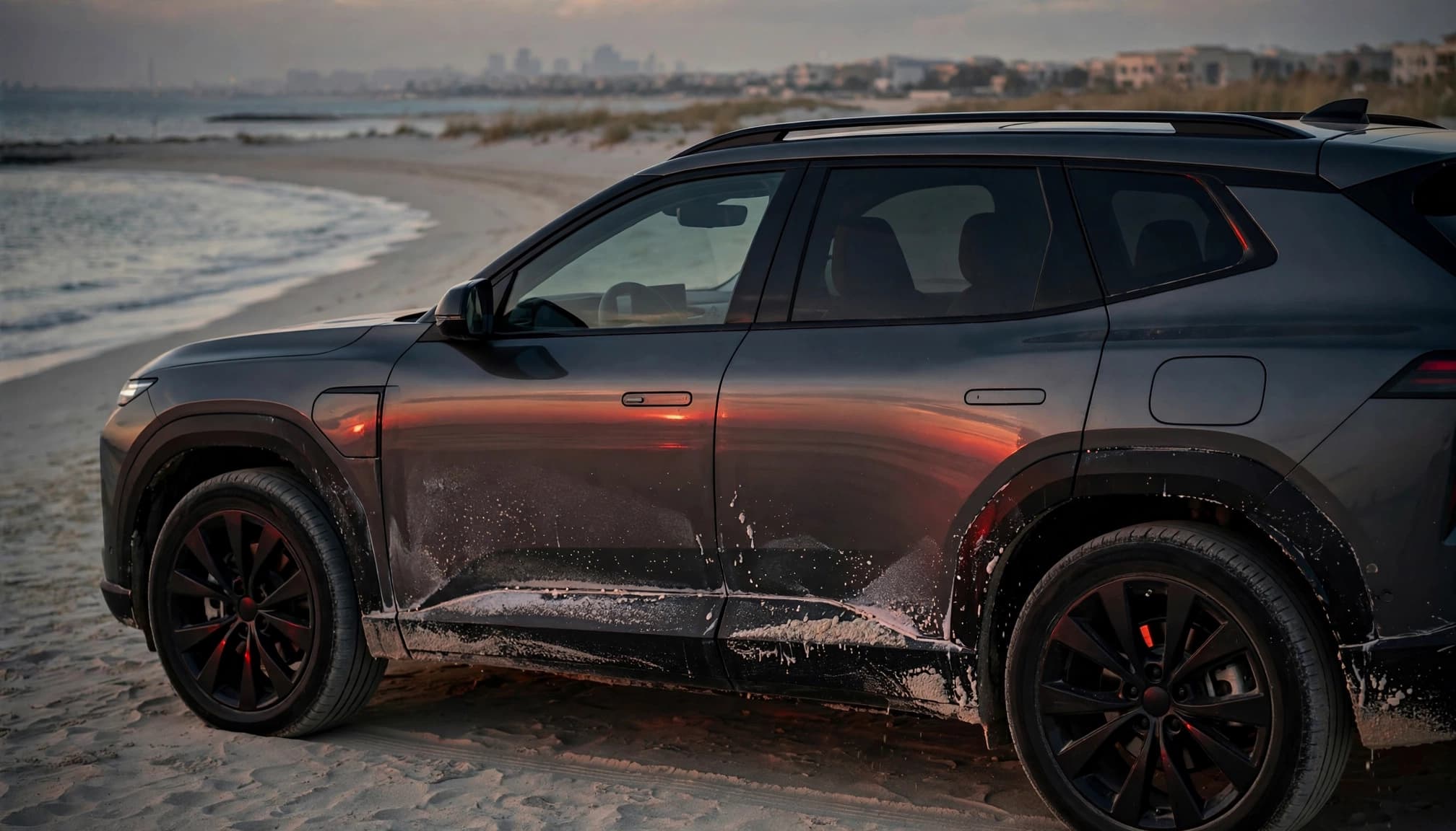 A charcoal SUV with sandy, salt-marked lower panels parked beside the Gulf.