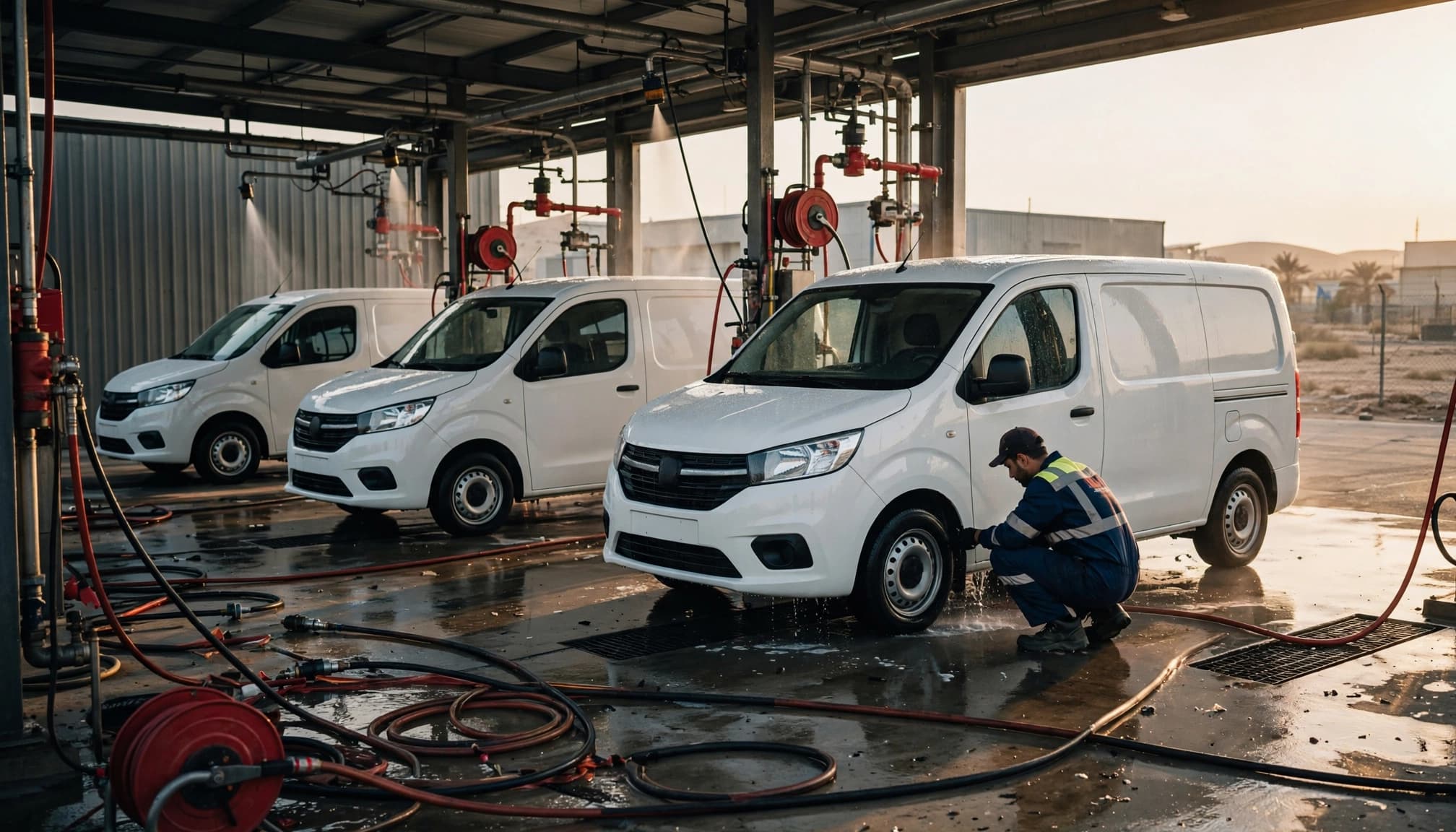 A technician inspects one of three white vans in a wash bay.