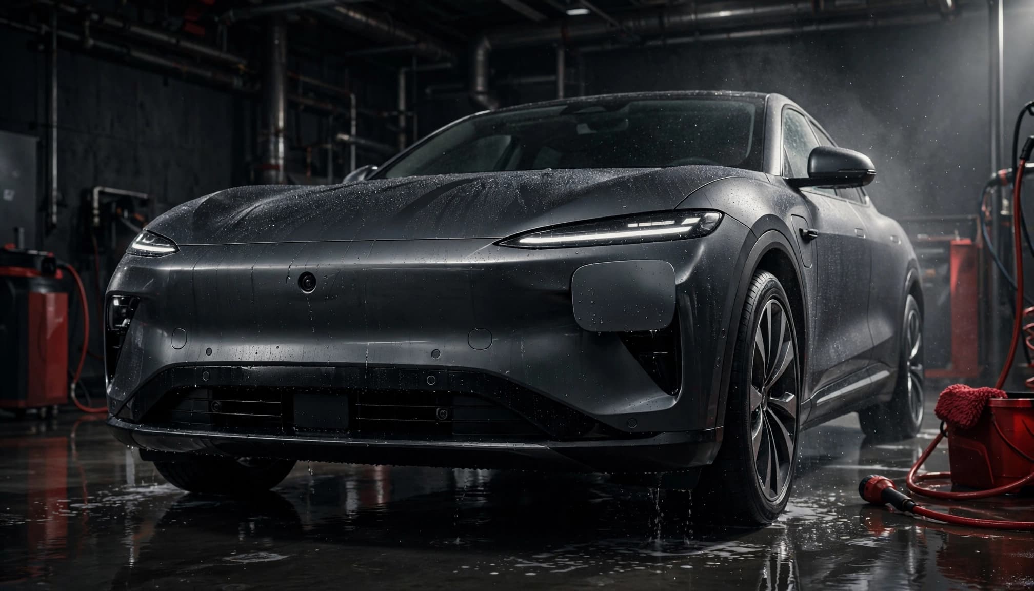 A modern electric SUV with a closed charging flap and visible front bumper sensors in a wash bay.