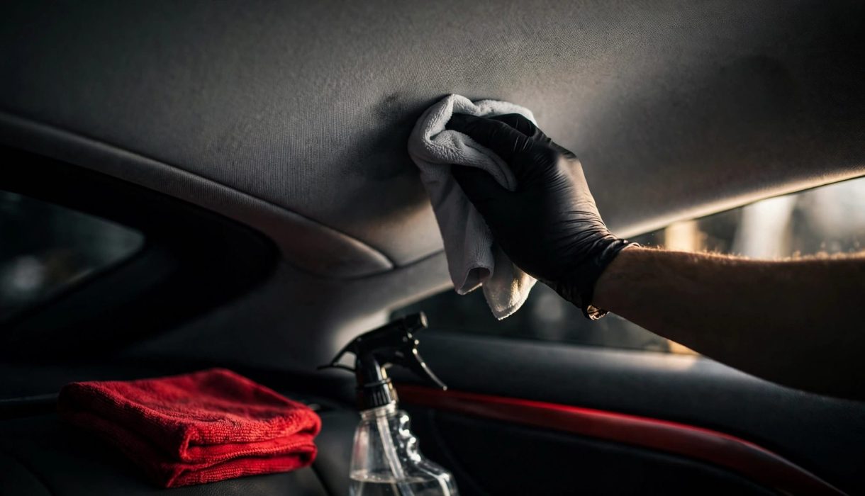 A gloved hand gently blots the car’s fabric headliner with a microfiber cloth.