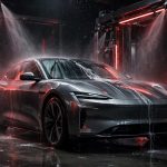 A glossy electric car in an automatic wash with its charge-port door closed.