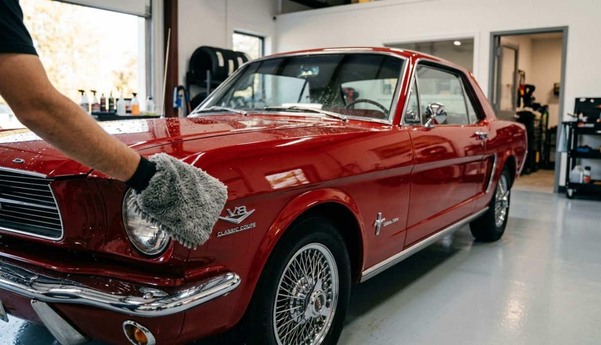 A microfiber mitt gently cleans the badge on a gleaming red classic car.