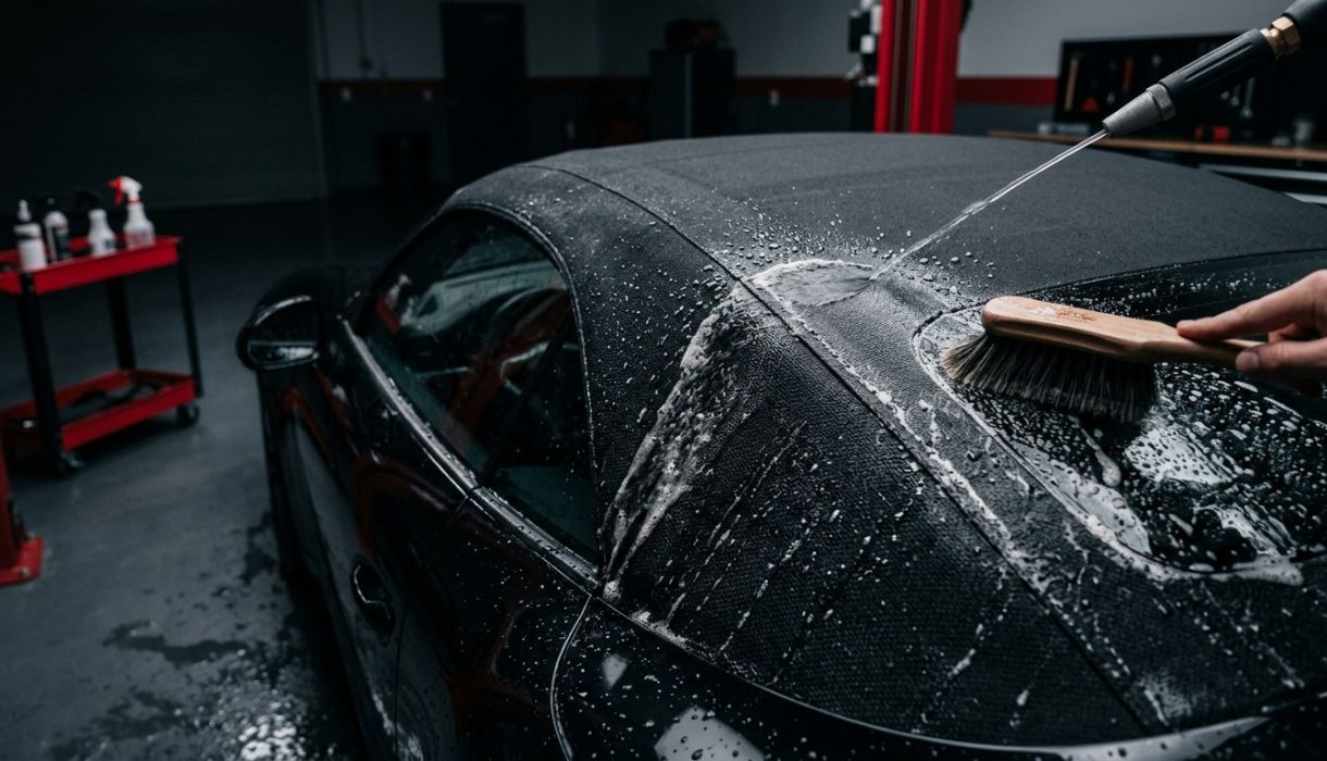 A brush and water gently clean a black convertible roof.