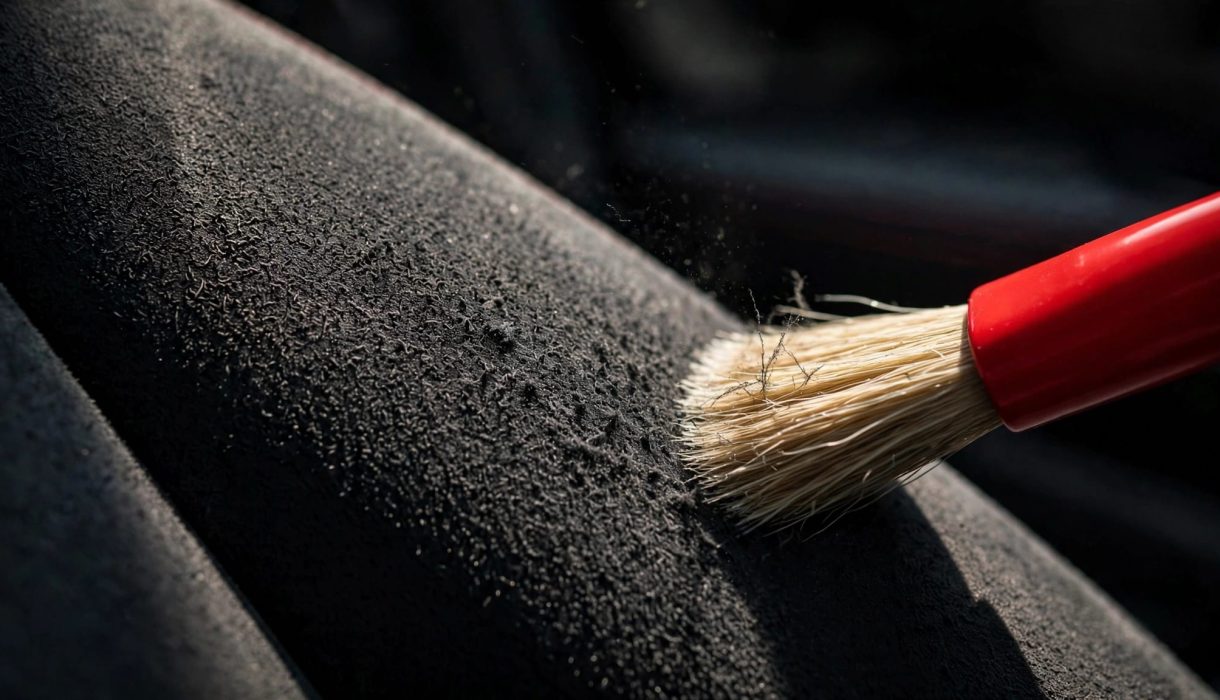 A red-handled brush lifts the fibers on a charcoal car seat.