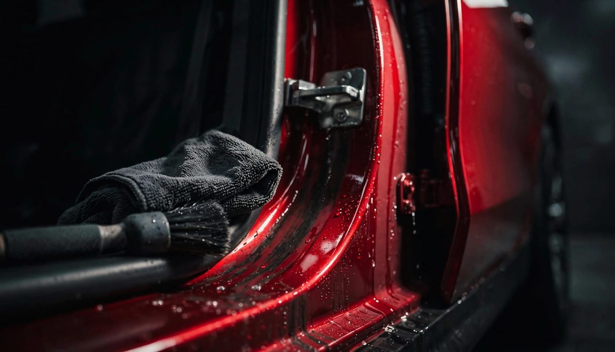 A clean car door hinge beside a cloth and detailing brush.