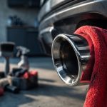 A red microfiber cloth gently wipes a shiny car exhaust tip.