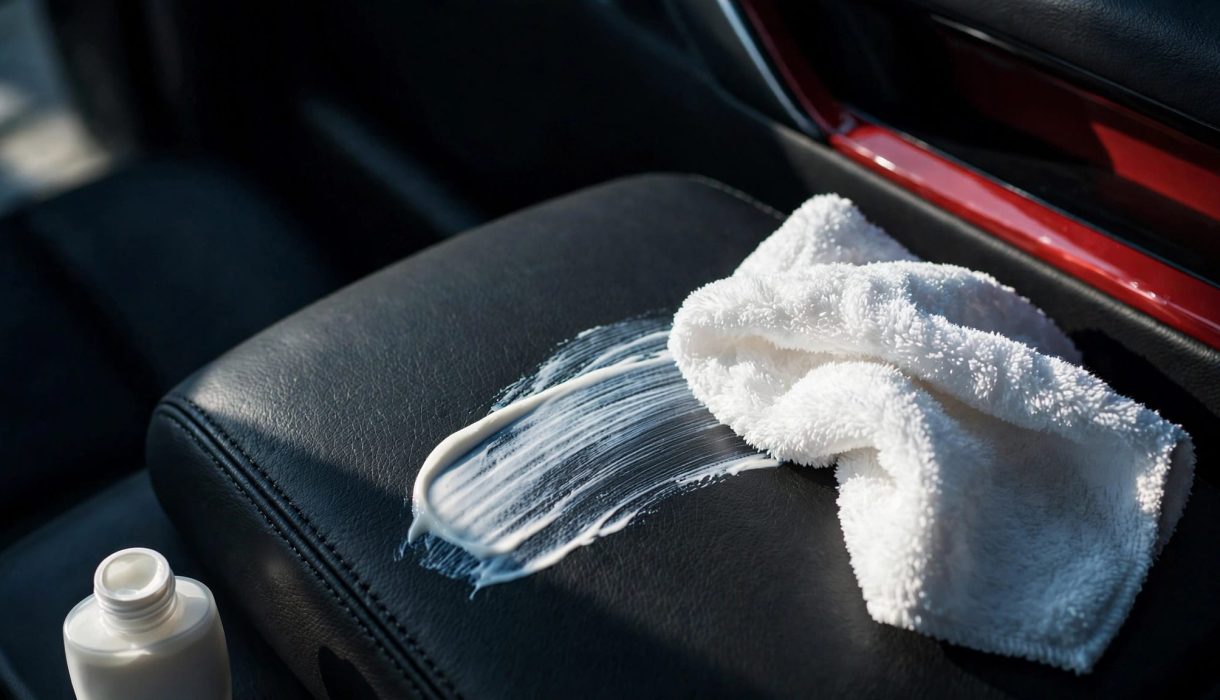 A white cloth wipes sunscreen from a dark leather car seat beside an open bottle.