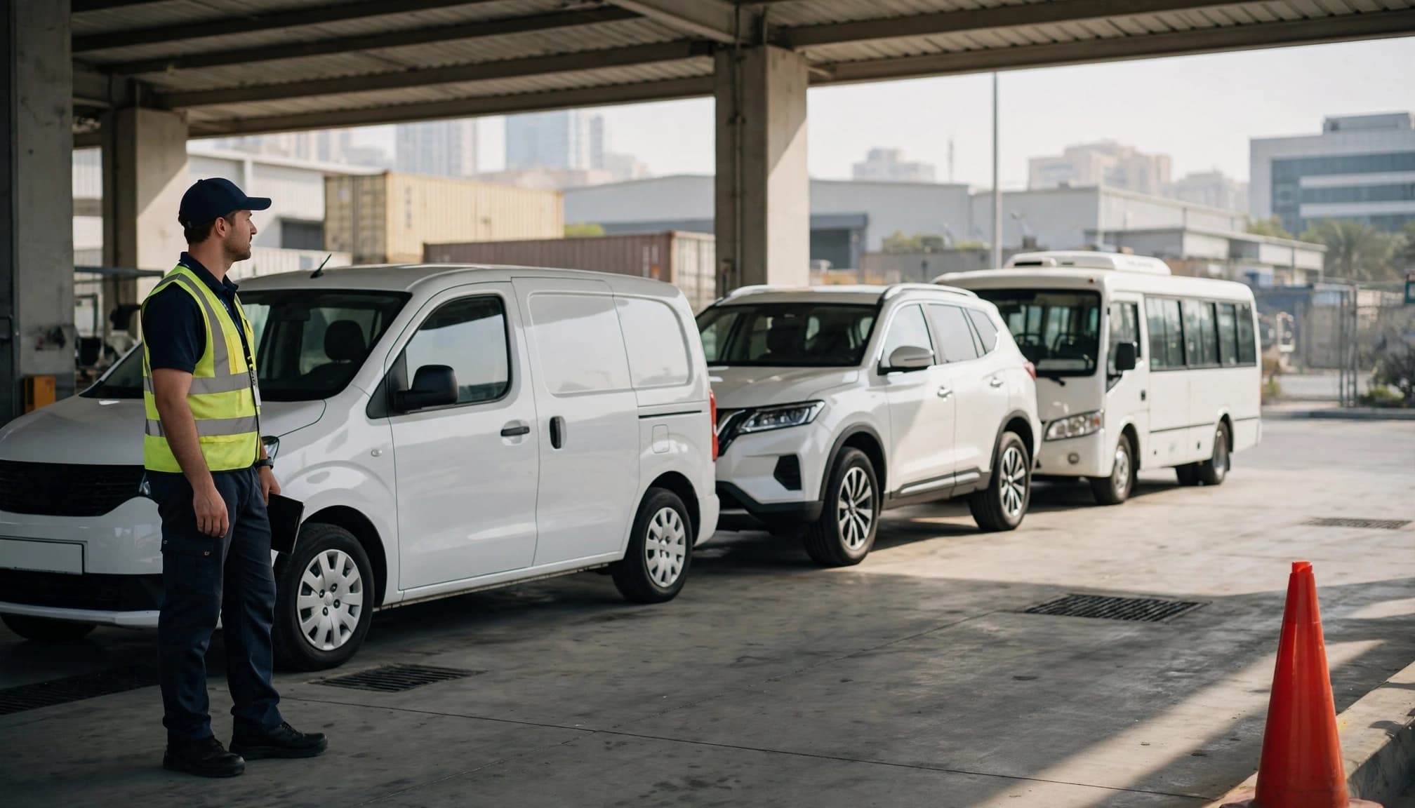 A supervisor with a tablet stands beside a van, SUV, and small bus.