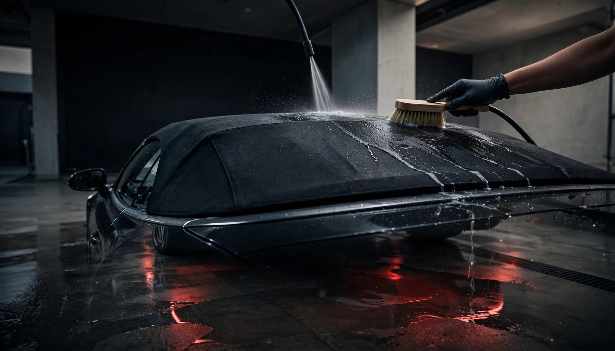 A dark convertible roof is gently brushed and rinsed in a wash bay.