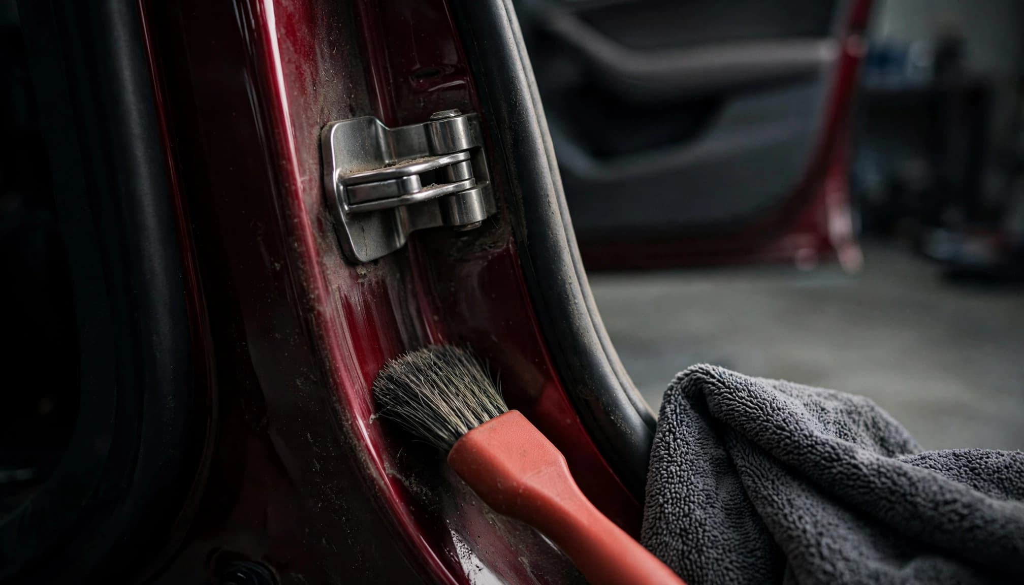 A soft brush and microfiber towel clean a dusty car door jamb.