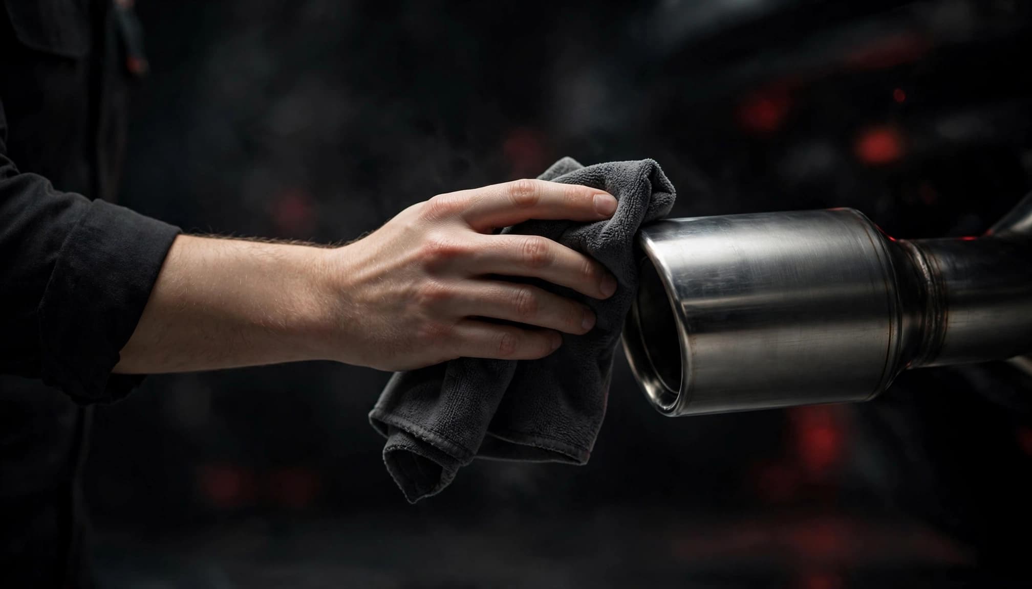A relaxed hand gently wipes one exhaust tip with a folded microfiber cloth.