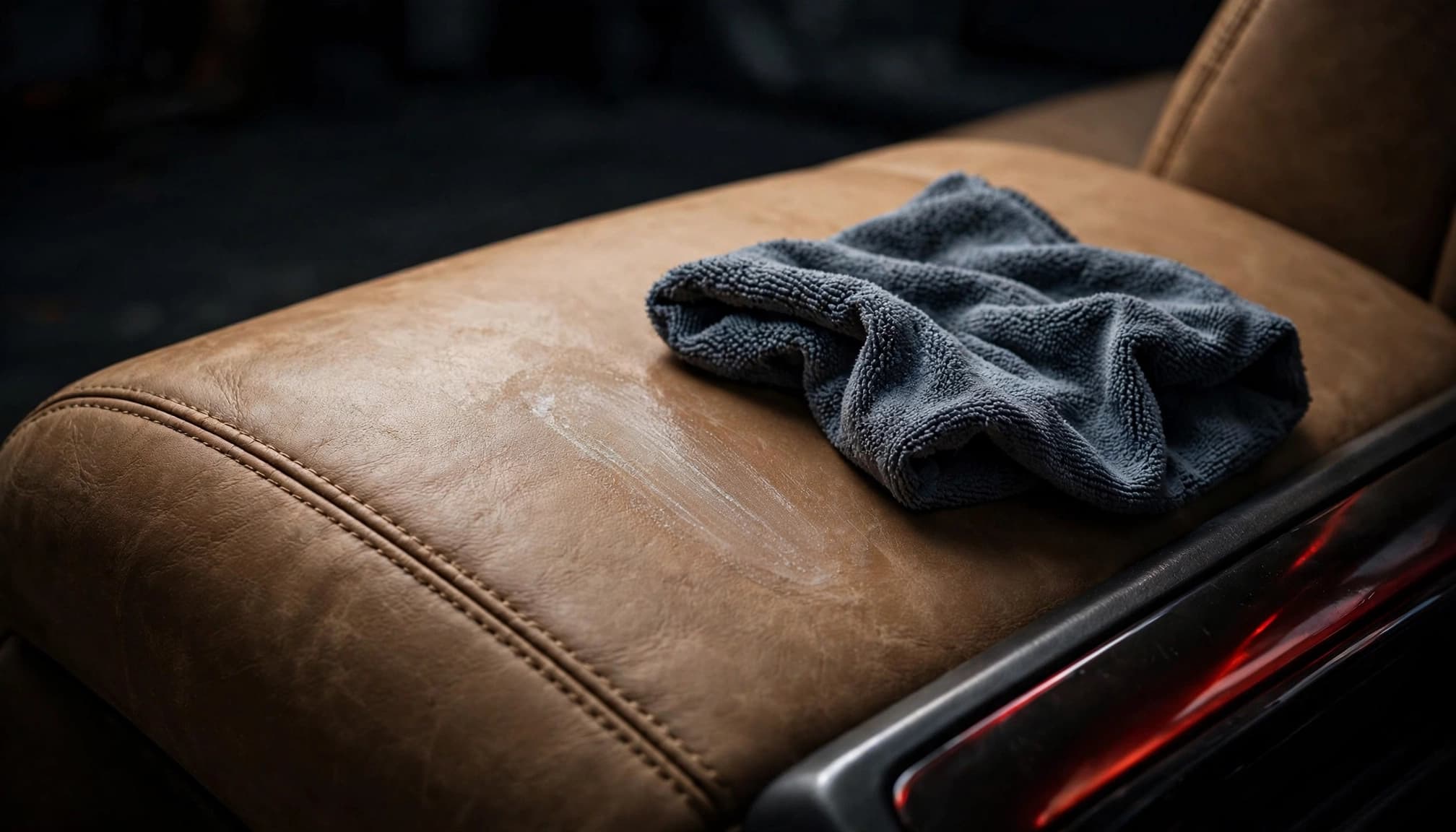A microfiber cloth gently wipes a small dried mark on a tan leather car seat.