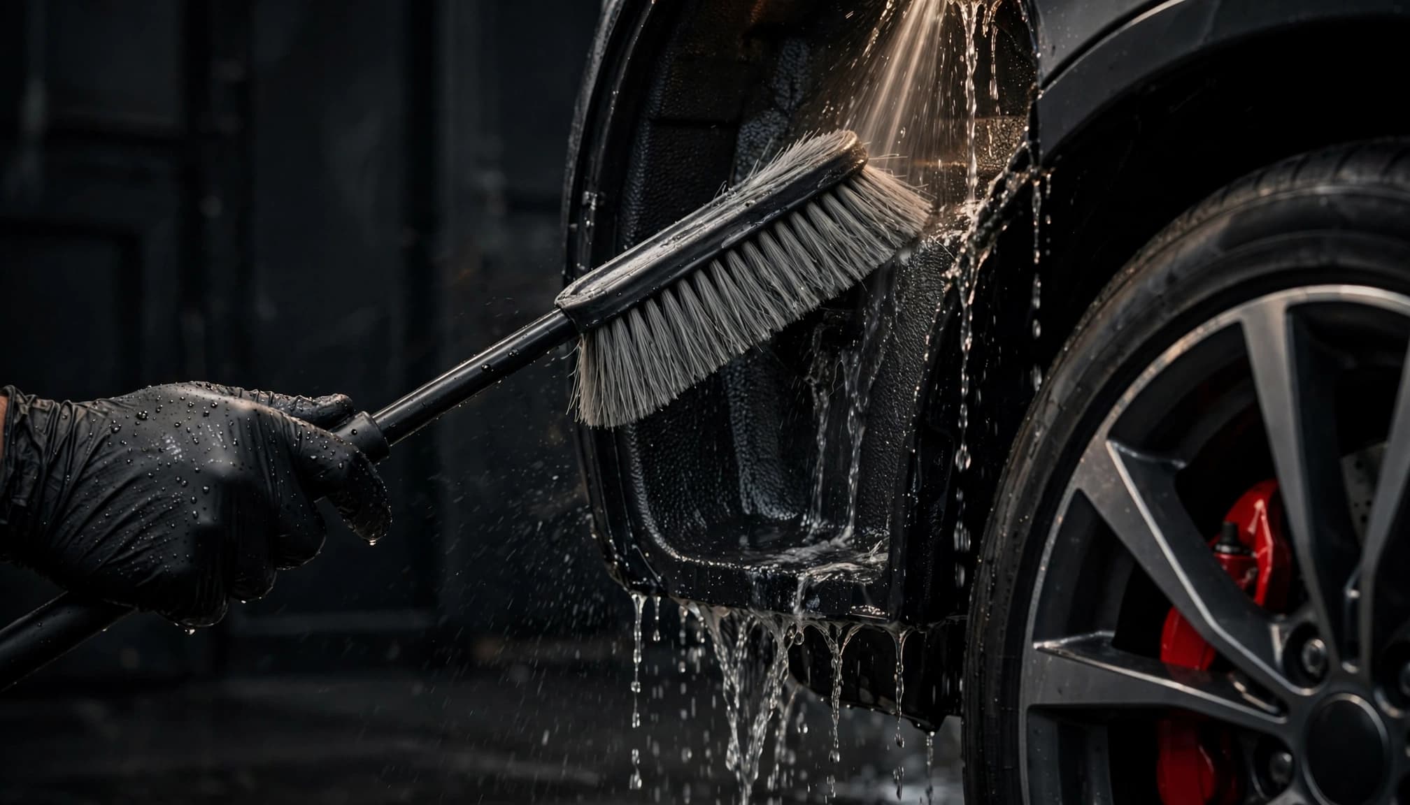 A gloved hand brushes a vehicle wheel well as water rinses downward.