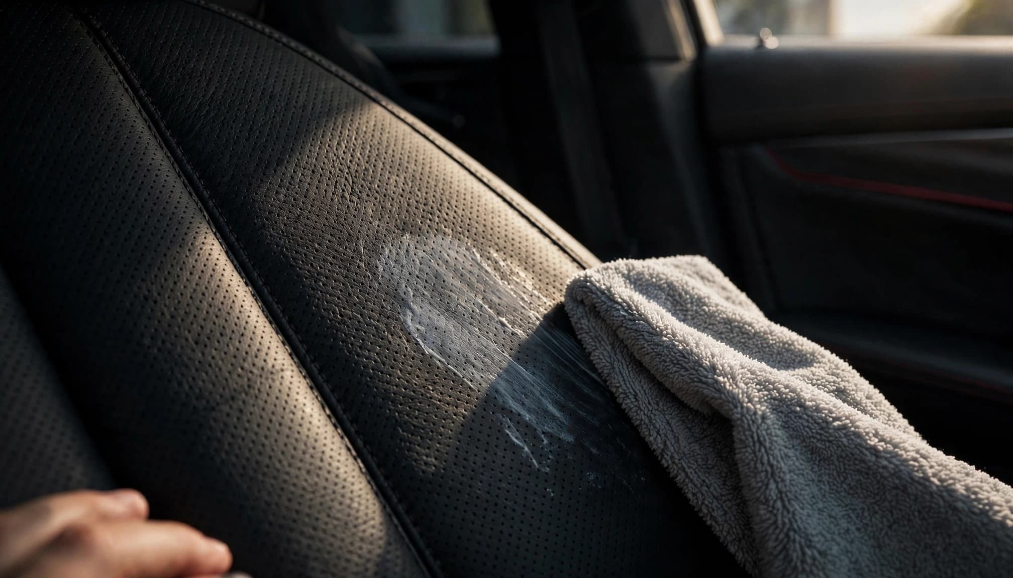 A microfiber cloth dabs a faint white smear on a stitched leather car seat.