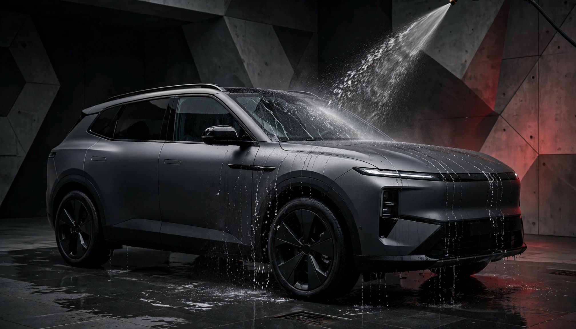 A charcoal car is rinsed in a dark, uncluttered wash bay.