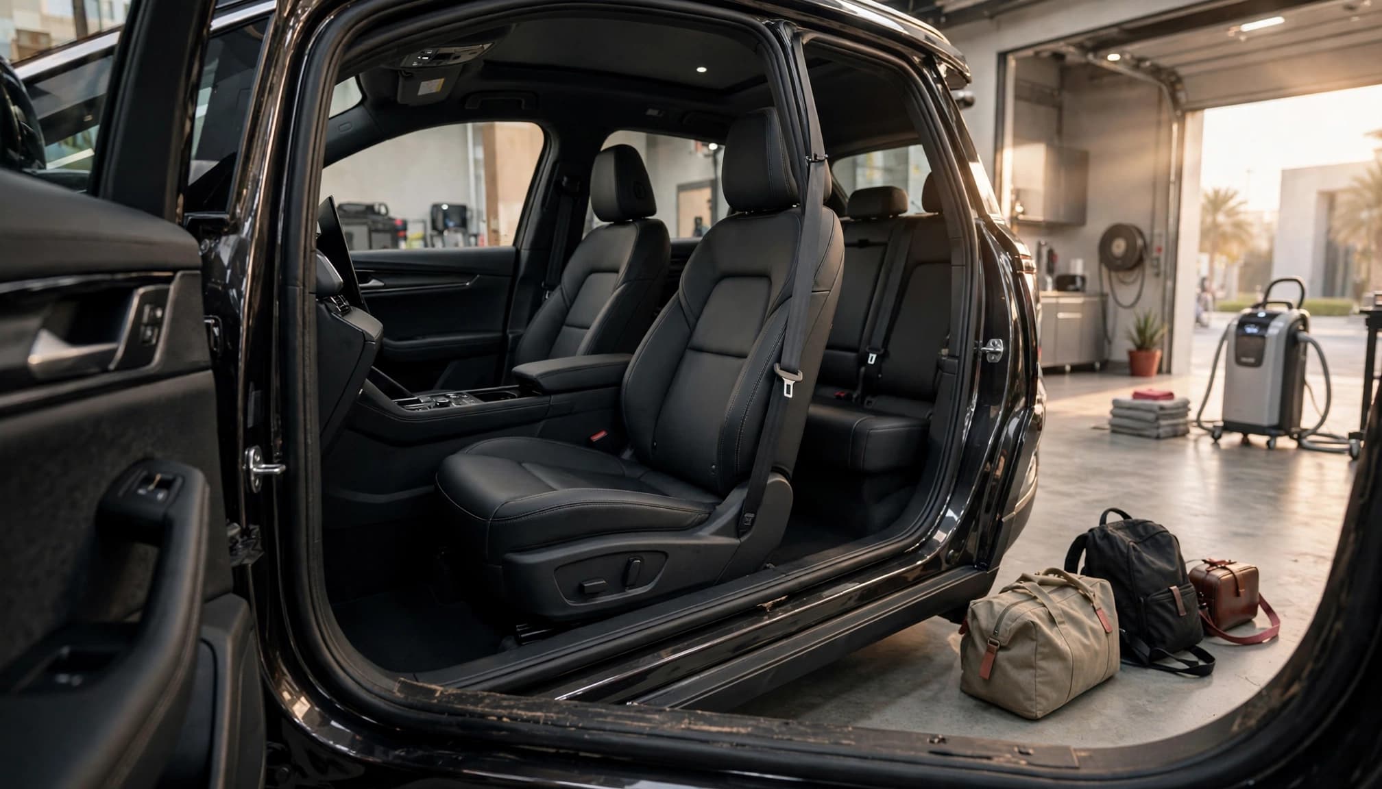 An SUV with clear seats and personal bags set outside the open door.