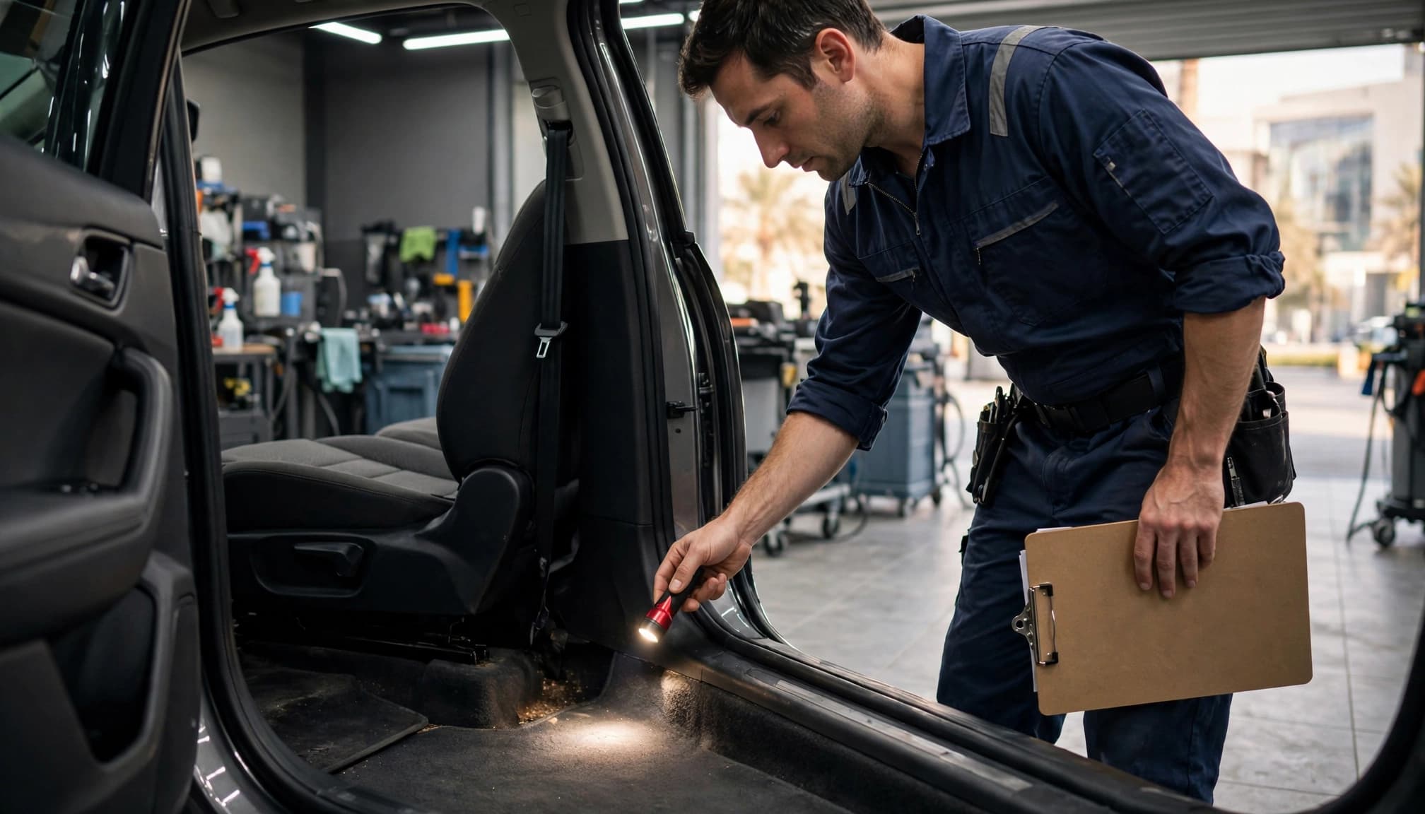A technician checks a car's carpet with a small light beside an open door.