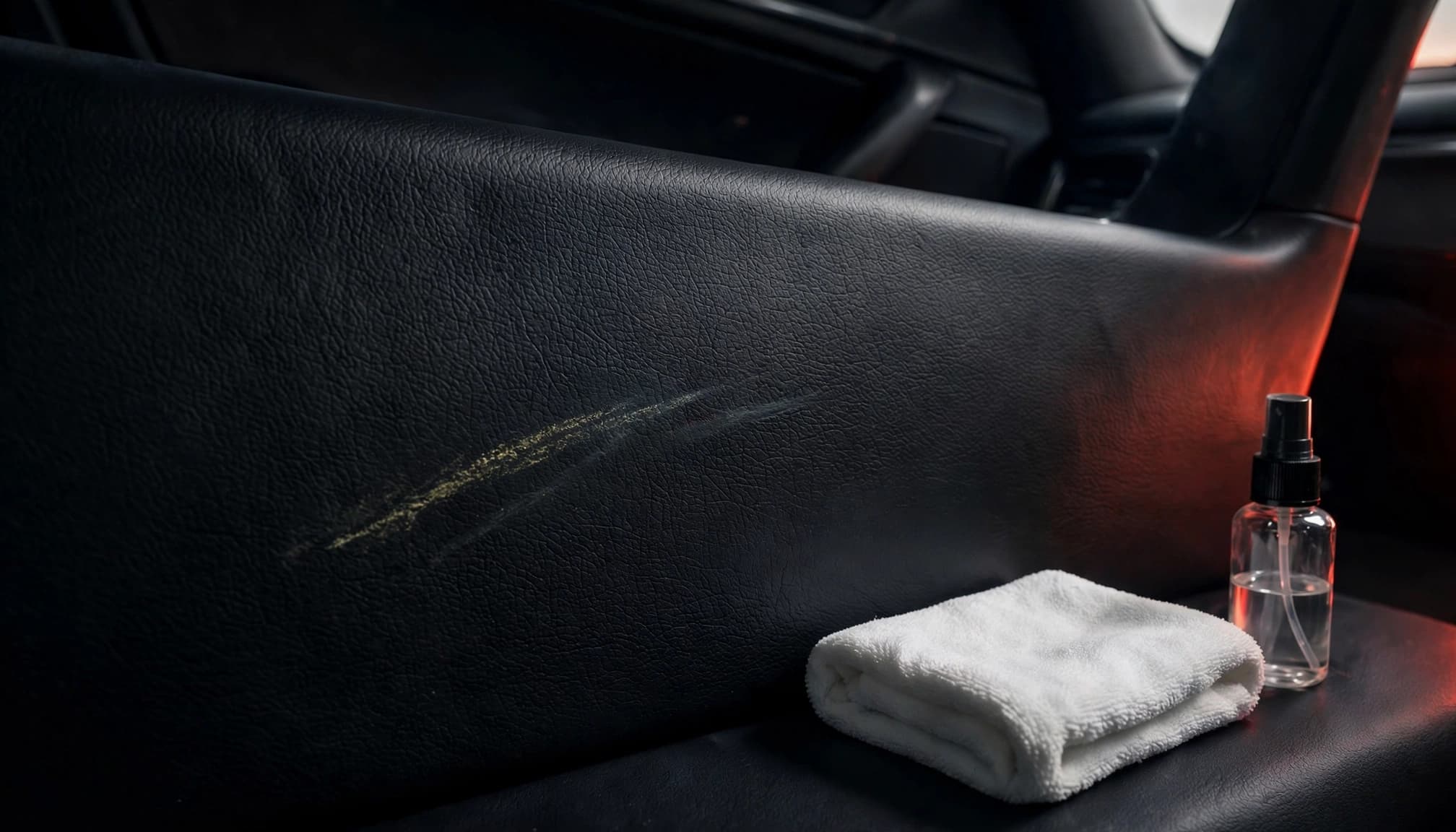 A small crayon mark on a black car door panel beside a white cloth and spray bottle.