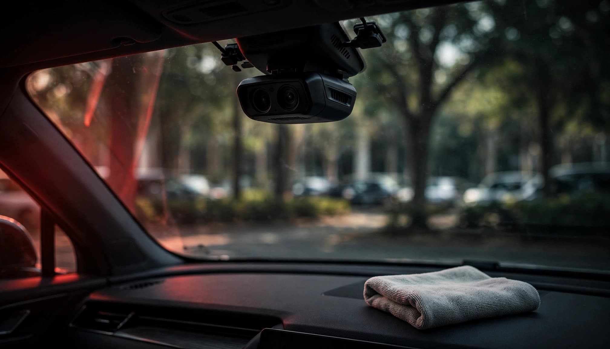 A camera housing sits behind a clear windshield with a microfiber cloth on the dashboard.